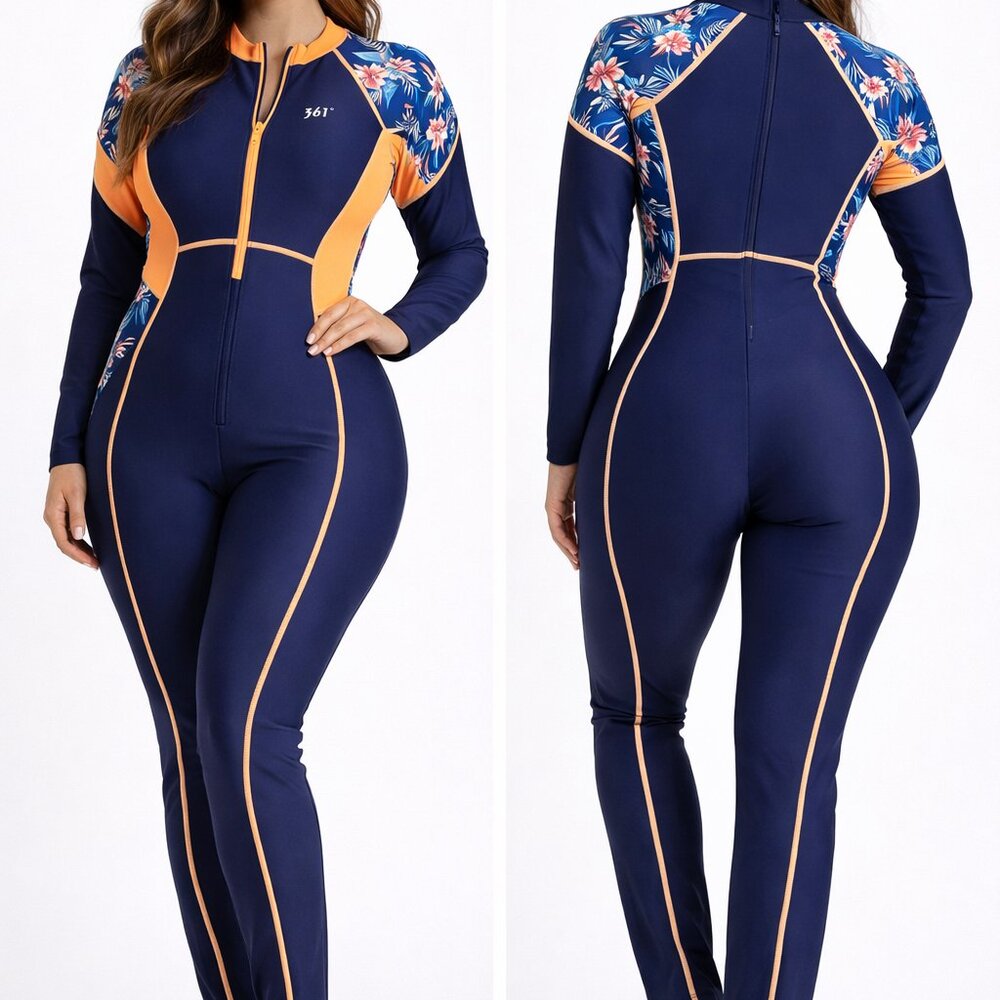 NWT 361° Navy Peach Floral Long Sleeve Full Body Swimsuit